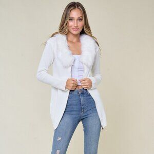 NEW ON BLUE SWEATER CARDIGAN blazer coat XS-LG PINK WHITE FUR collar zippered